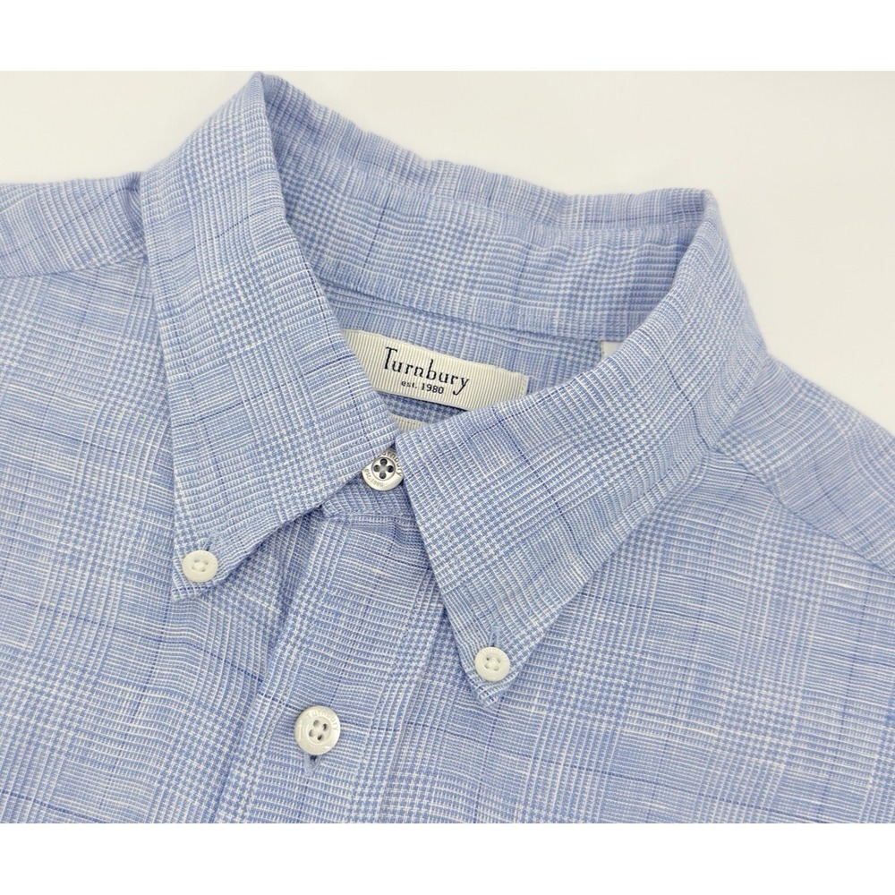 Turnbury Linen Button Up Shirt Men M Blue Plaid Short Sleeve Lightweight